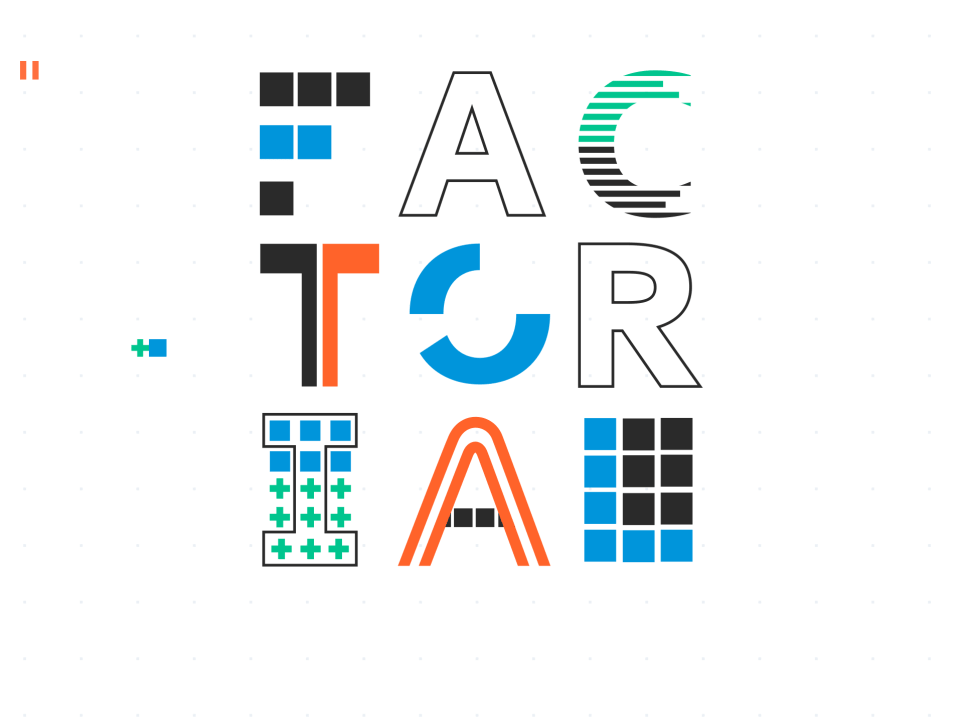 Die Bilder zeigen die Buchstaben des Factorial-Namens, die so dargestellt sind, dass sie den Gestaltprinzipien gerecht werden.