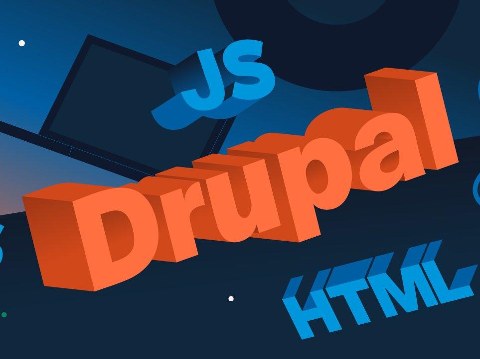 Illustration mit den Worten Drupal, CSS, HTML und JS