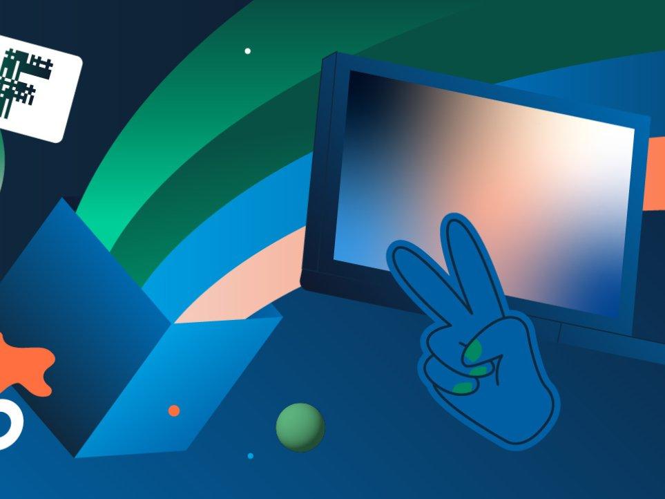 Illustration mit einem fliegenden, geöffneten Computer vor einem Regenbogen, der aus einer Box raus leuchtet, umgeben von einem Globus mit Factorial-Logo-Sprechblase, einer Tasse mit Tee, V-Handzeichen und Augen die nach links schauen.