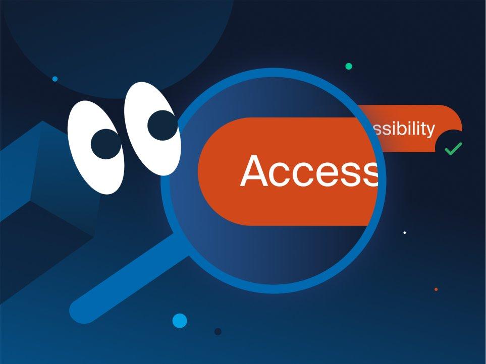 Illustration with a magnifying glass focusing on a button that says 'accessibility'