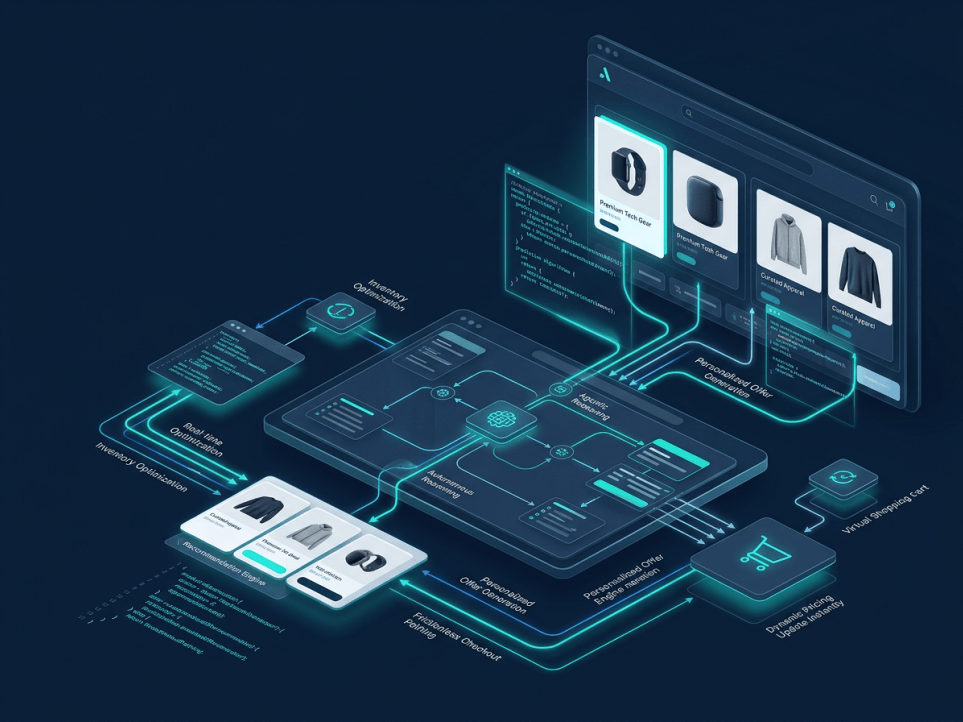 Darstellung eines visualisierten digitalen Ökosystems, das Agentic Commerce symbolisiert.