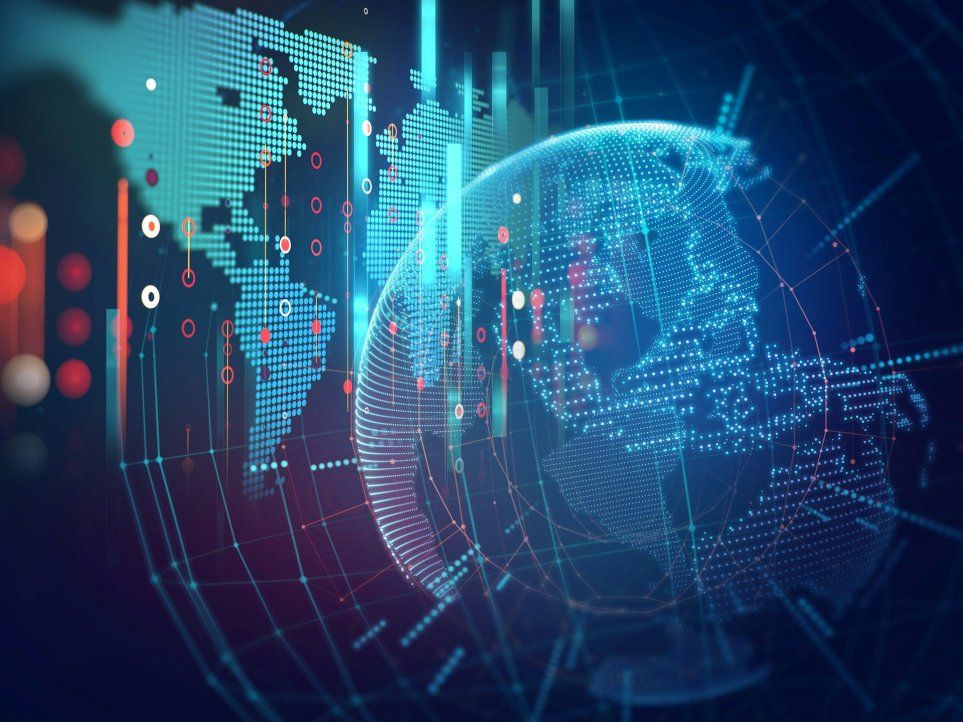 Digitale Weltkarte mit vernetzten Datenpunkten für eine globale Pharma-Webplattform in 40+ Märkten