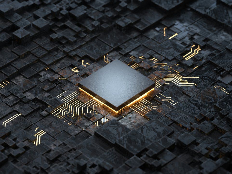 Abstract 3D illustration of a chip among modular cube elements and glowing circuits, symbolizing composable architecture.