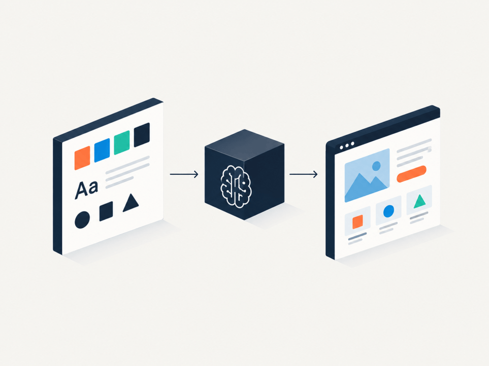 Illustration of an AI supported design system: design guidelines are translated through an AI interface into a consistent user interface for digital products.