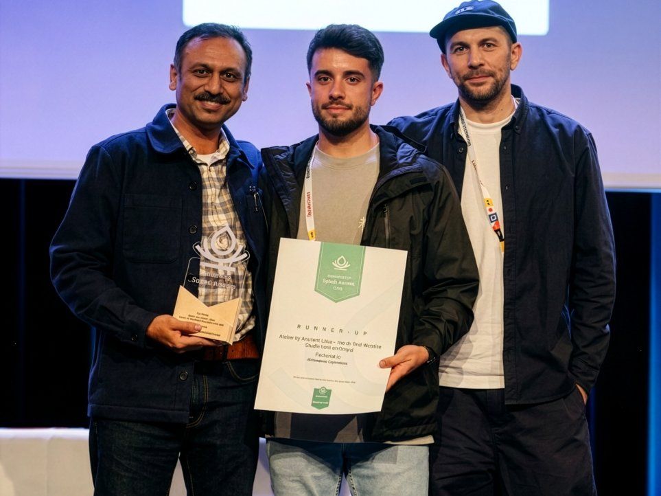 Das Team von Factorial mit Shibin Das, David Galeano und Volkan Jacobsen auf der Bühne der DrupalCon Rotterdam 2026 als Gewinner der International Splash Awards.