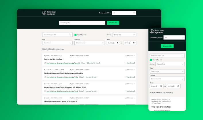 Boehringer Ingelheim link shortener dashboard featuring the company's corporate design, shown in both desktop and mobile views.