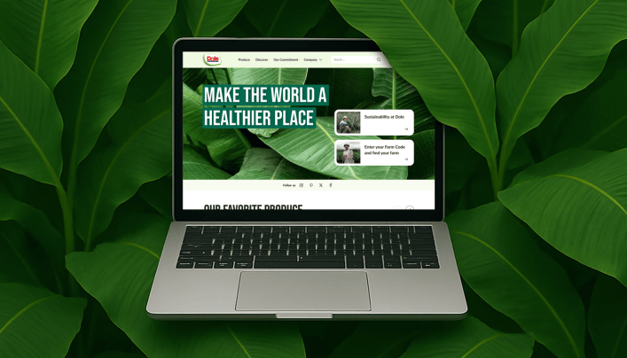 Mockup eines Laptops mit einer Ansicht der Dole-Website auf dem Bildschirm, umgeben von B