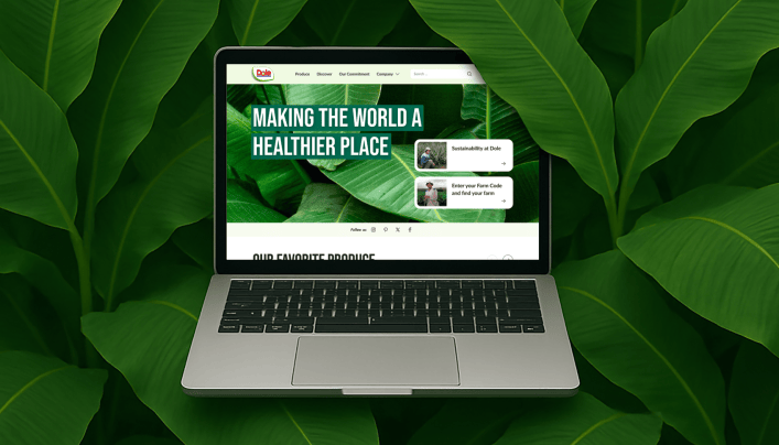Mockup of a laptop with a view of the Dole website on the screen, surrounded by banana tree leaves.