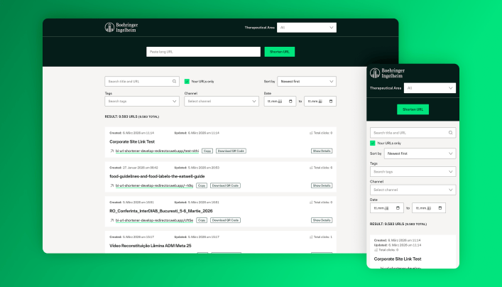 Dashboard des URL Link-Shorteners von Boehringer Ingelheim im Corporate Design von Boehringer Ingelheim, dargestellt in der Desktop- und der mobilen Ansicht.
