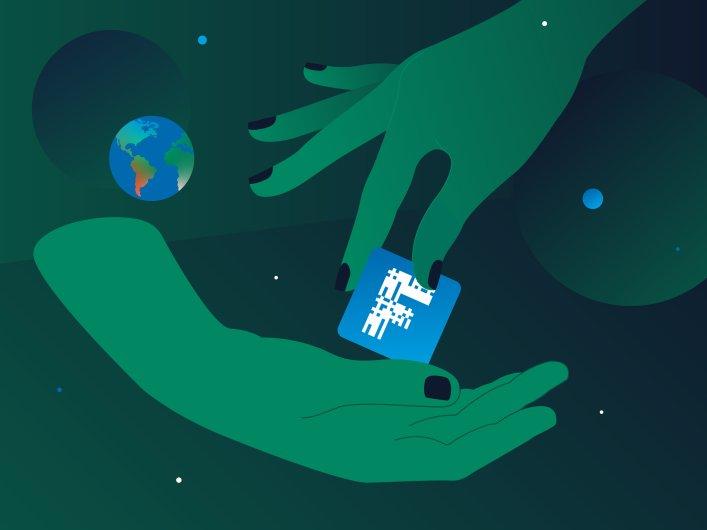 Eine Abbildung von zwei Händen mit dem Factorial-Logo in der Mitte der Handfläche