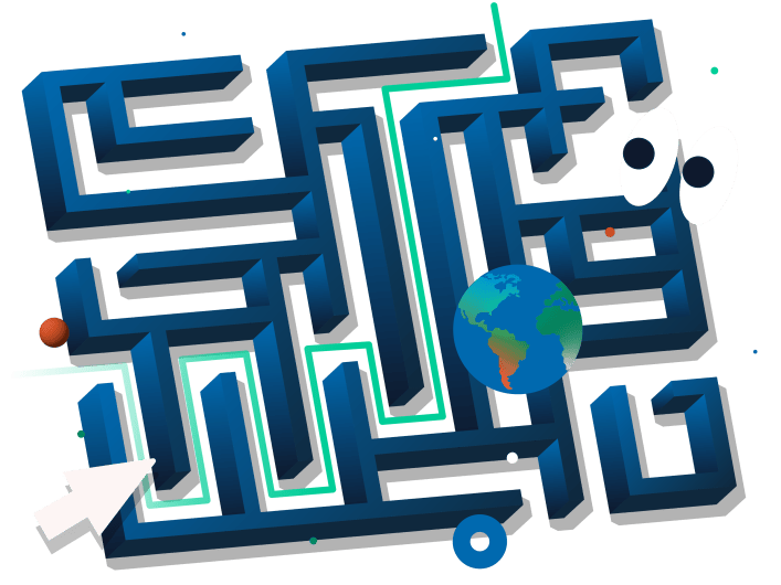 Illustration of a labyrinth, the start is marked by a mouse cursor, a green path leads to the exit. A globe and eyes looking to the left float above the labyrinth.