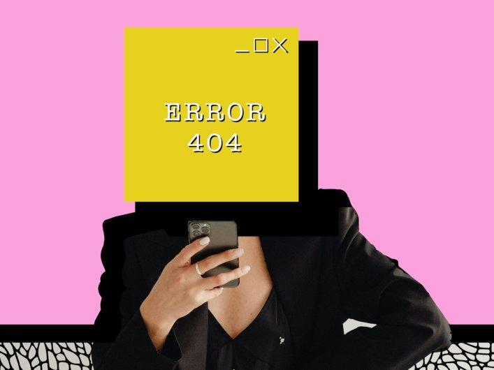 Illustration einer Person mit einem „Error 404“-Block als Kopf, Symbol für Kontrollverlust und Abhängigkeit in geschlossenen CRM-Systemen.