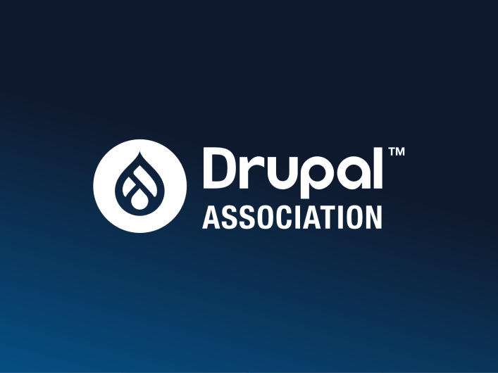 Drupal Association logo on a blue Factorial background