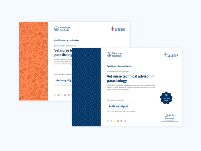 Abbildung von Boehringer Ingelheim Animal Health Zertifikaten zur Dokumentation von Behandlungen, Pflege und tierärztlichen Nachweisen.