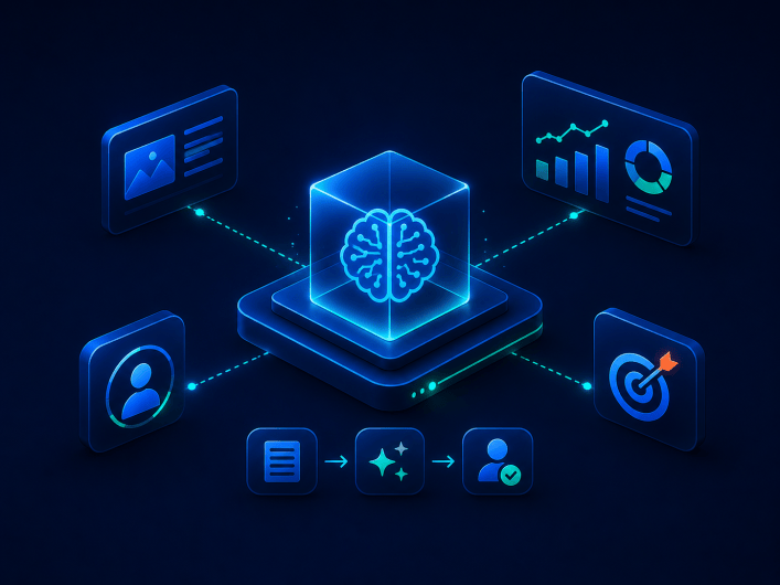 Dropsolid AI: brain chip symbol on 3D cube surrounded by icons for users, goals and document workflow