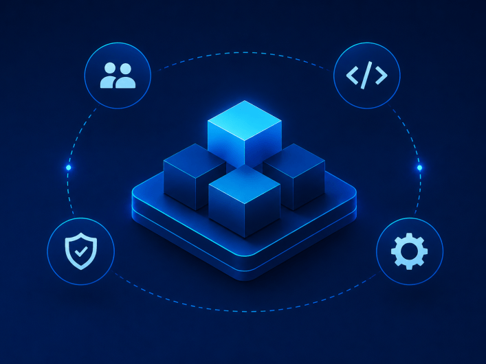 Drupal: 3D cube structure with icons for users, code, security and settings