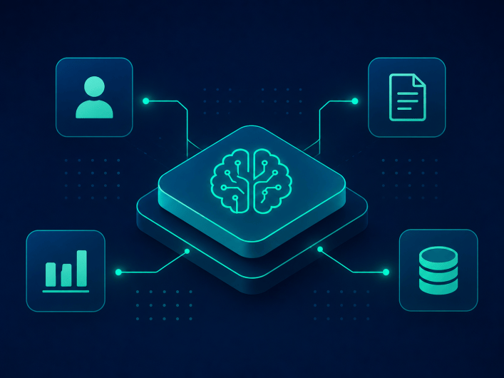 Langdock: zentrales Chip-Symbol umgeben von Icons für Nutzer, Dokumente, Diagramme und Datenbanken