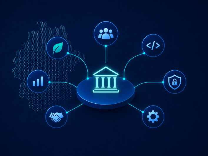 OSBA: column building icon surrounded by symbols for code, users, security and settings