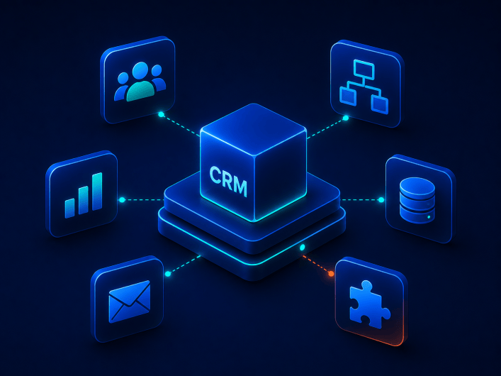Twenty CRM: zentrales Nutzer-Icon verbunden mit Icons für Chat, Kontakte, E-Mail, Analytik und Partnerschaft