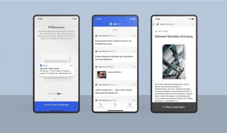 Three mobile screens displaying the dpa-ID app, developed by Factorial for intuitive access to dpa services like dpa-Select and dpa-Agenda.