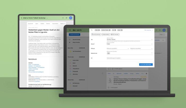 The dpa-Agenda app on a tablet and laptop, developed by Factorial, offers real-time access to news with an optimized and scalable interface design.