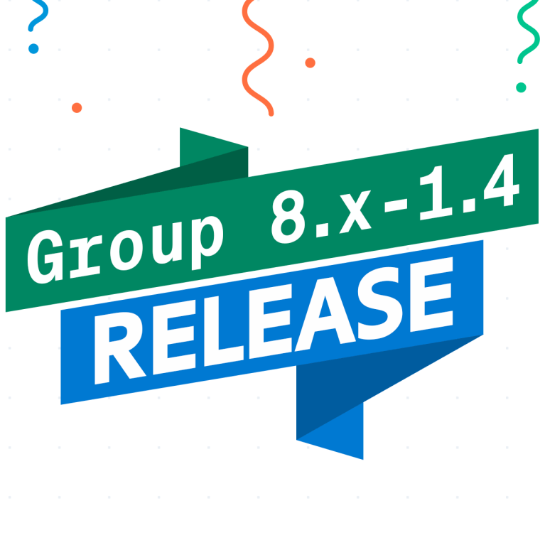 Graphic for the release of the Group module version 8.x-1.4, featuring colorful icons.