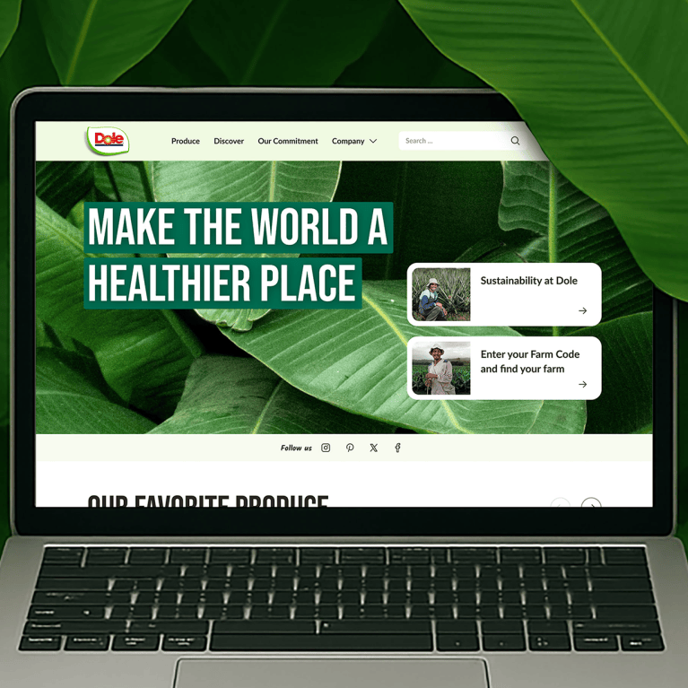 Mockup of a laptop with a view of the Dole website on the screen, surrounded by banana tree leaves.ättern.