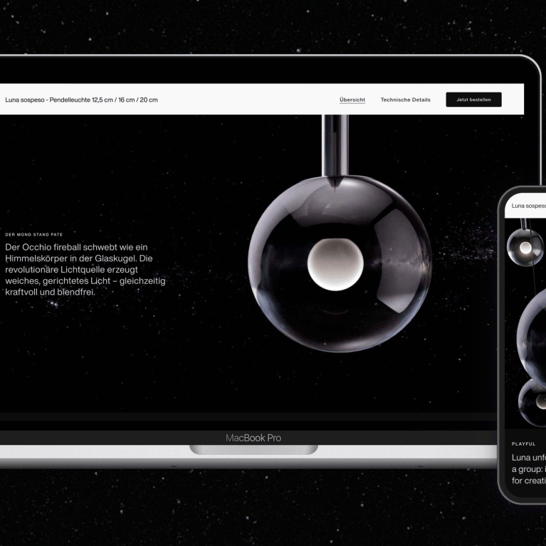 Mock-up with a laptop and a smartphone. The displays show a product detail page from the Occhio website.