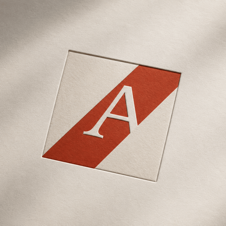 Atelier logo by AIncient Labs: white serif A on a red diagonal band