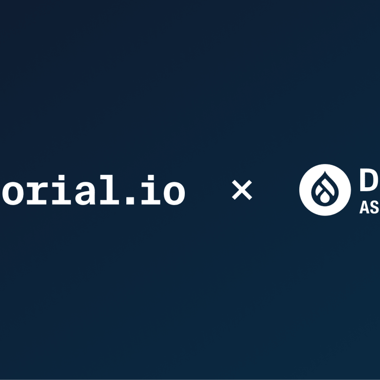 Factorial logo and Drupal Association logo on a blue background.