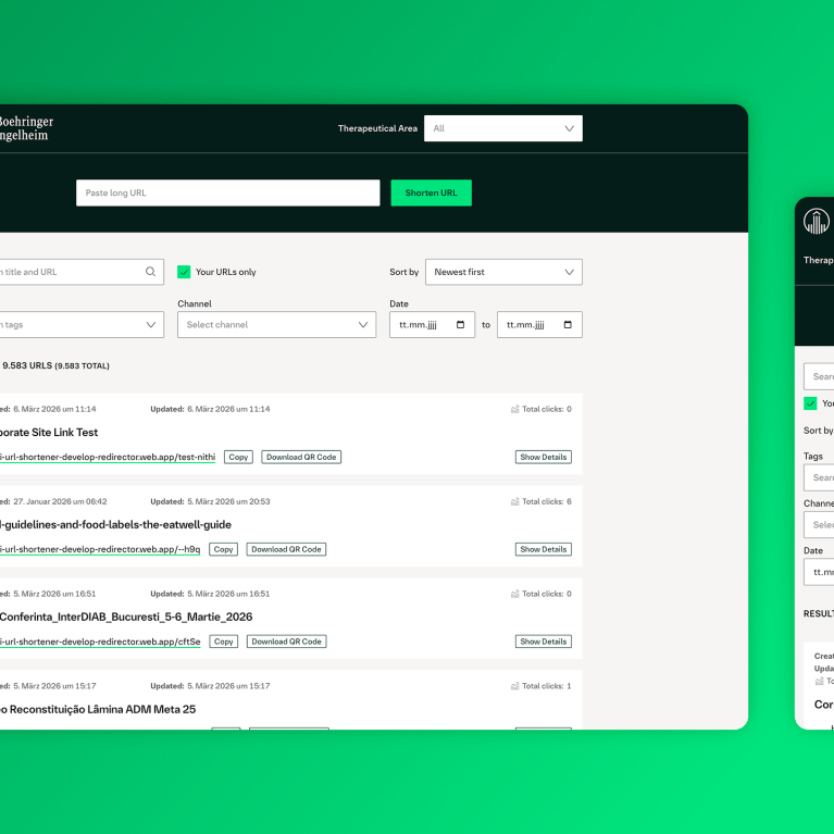 Dashboard des Link-Shorteners von Boehringer Ingelheim im Corporate Design von Boehringer Ingelheim, dargestellt in der Desktop- und der mobilen Ansicht.