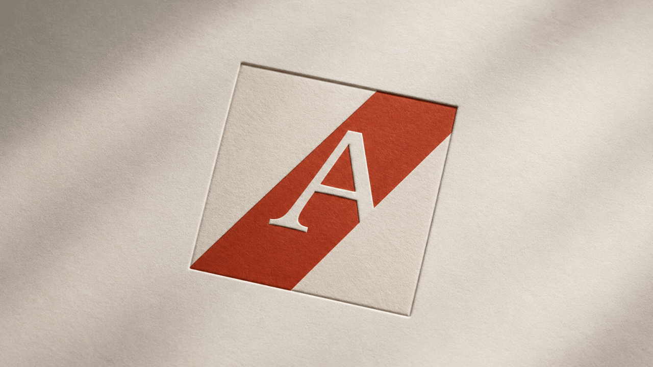 Atelier logo by AIncient Labs: white serif A on a red diagonal band