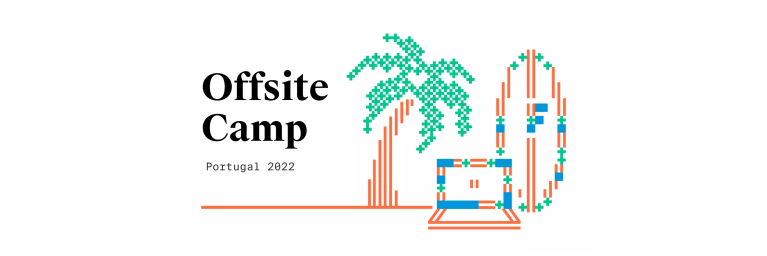 Image showing a palm tree, a laptop and a surf board, illustrated in the factorial colors and made out of building bricks