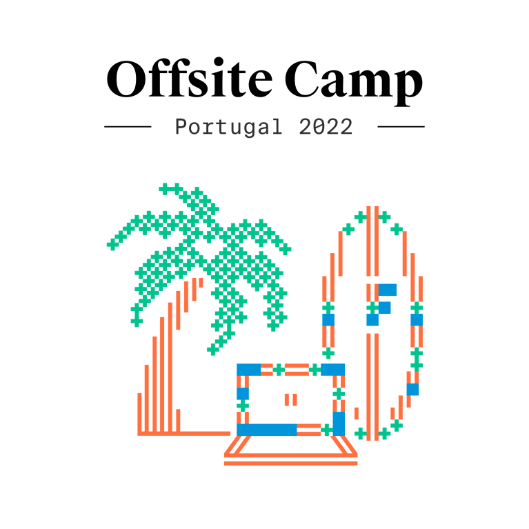 Image showing a palm tree, a laptop and a surfboard, illustrated in the factorial colors and made out of building bricks