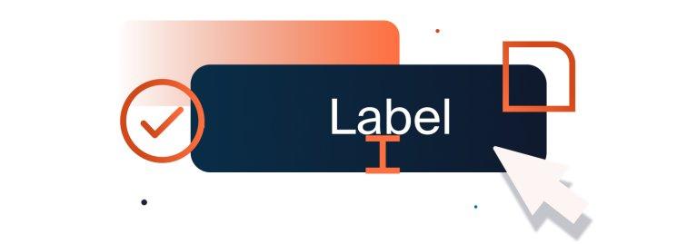 Illustration eines dunklen Rechtecks mit der Aufschrift ‚Label‘, markiert durch ein Text-Cursor-Symbol, umgeben von UI-Symbolen wie Häkchen, Pfeil und Rahmen – symbolisiert Anatomy Elemente eines Buttons.