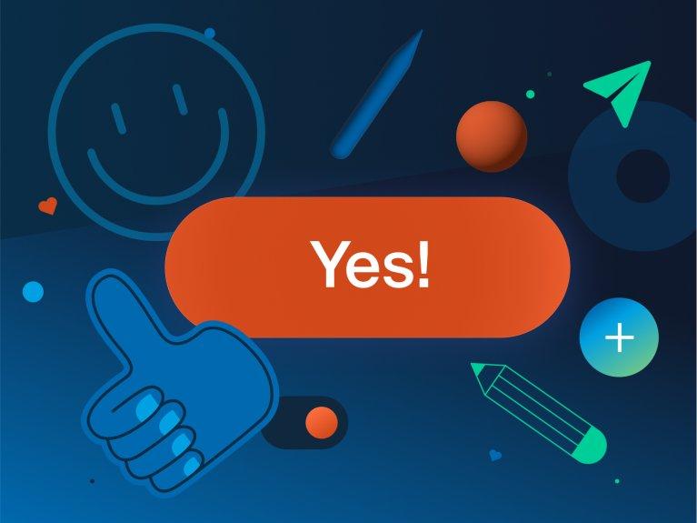 Illustration mit einem großen roten Button in der Mitte mit der Aufschrift „Yes!“. Im Hintergrund befinden sich verschiedene bunte Symbole wie ein Daumen-hoch-Zeichen, ein Smiley, ein Stift, ein Pluszeichen, ein Papierflieger und ein Herz, alle vor einem blauen Farbverlauf.