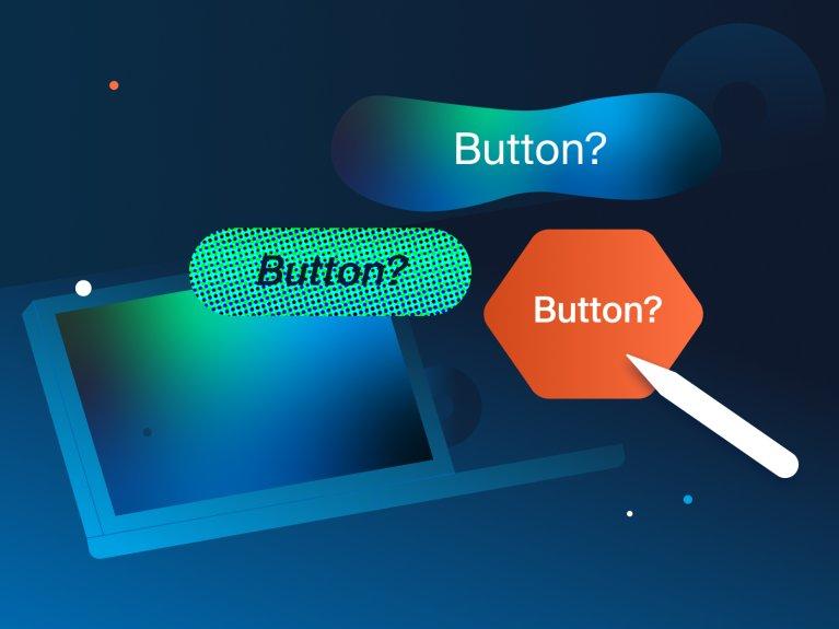 Grafik mit drei unterschiedlich gestalteten Schaltflächen mit dem Text ‚Button?‘, dargestellt vor einem stilisierten Laptop – visualisiert Designvarianten und Fragestellungen zur Benutzerfreundlichkeit.