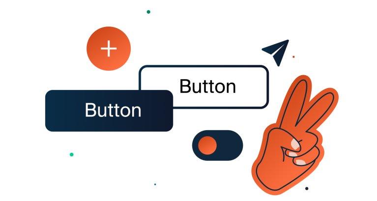 UI-Illustration mit verschiedenen Buttons, einem Toggle-Schalter, einem Plus-Symbol, einem Papierflieger und einer orangefarbenen Hand mit Peace-Zeichen. Symbolisieren verschiedene Arten von Buttons.