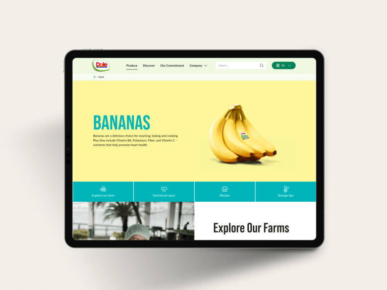View of an iPad displaying the banana details page on the Dole website.