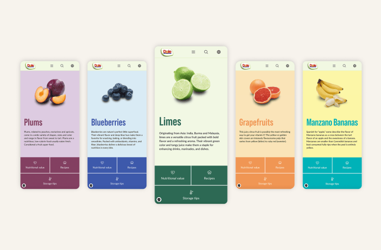 Mobile view of the Dole website displayed in the form of five smartphone screens showing the detail pages for plums, blueberries, limes, grapefruits and bananas.
