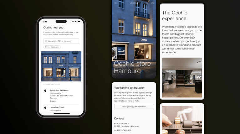 The image shows several smartphones displaying different sections of the Occhio website on their screens.