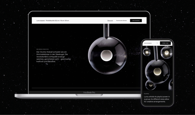 Mock-up with a laptop and a smartphone. The displays show a product detail page from the Occhio website.