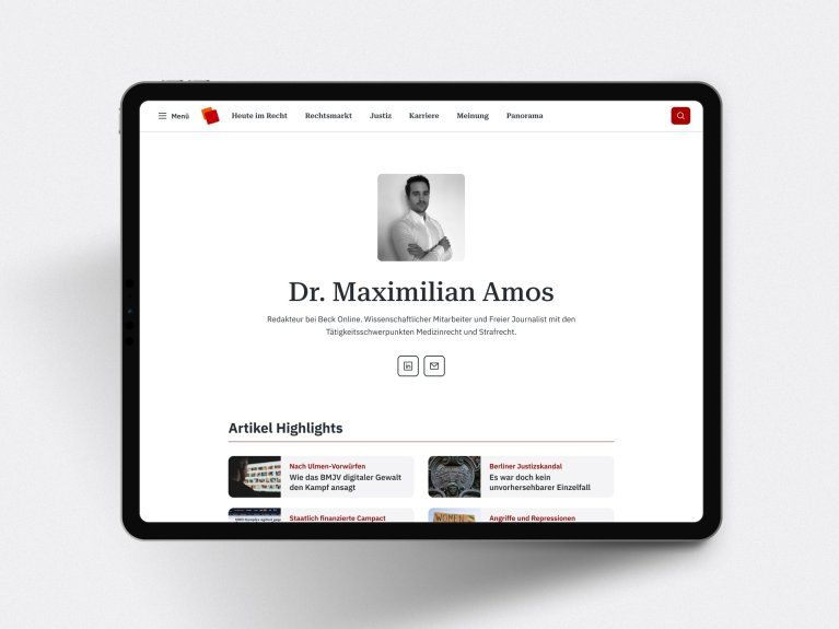 Autorenseite von beck-aktuell mit Profil von Dr. Maximilian Amos, juristische Artikel-Highlights und Inhalte zu Medizinrecht und Strafrecht