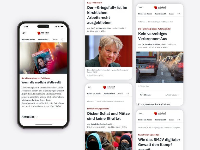 Mobile Ansicht der Website beck-aktuell „Heute im Recht“ mit juristischen Nachrichten, Artikelübersicht und aktuellem Beitrag zur Medienberichterstattung im Fall Ulmen