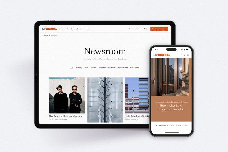Mockup of the Newsroom section on the Finstral website, displayed on a tablet and smartphone screen. 