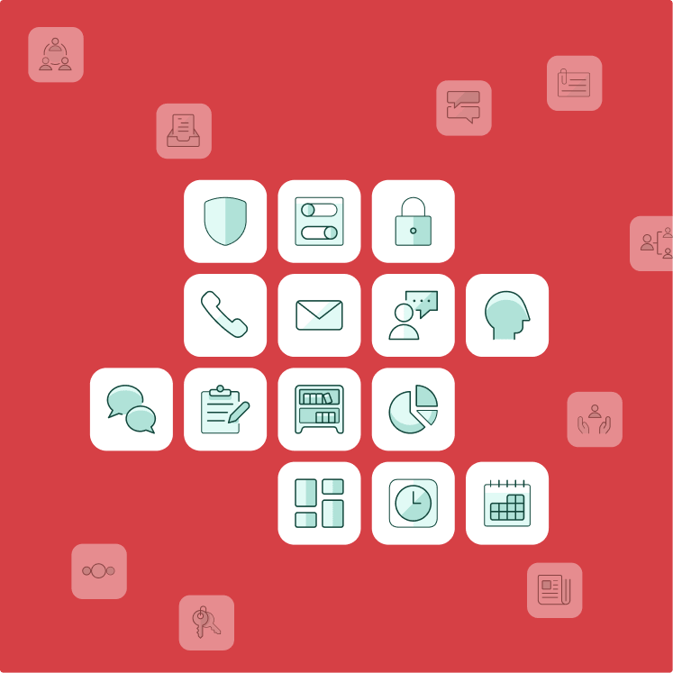 Eine rote Fläche mit verschiedenen UI-Icons in Kacheln als Teil der JOCI Leistungen.