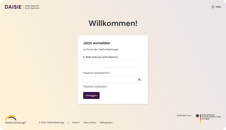 Loginseite der DAISIE Plattform für digitale Telefonseelsorge
