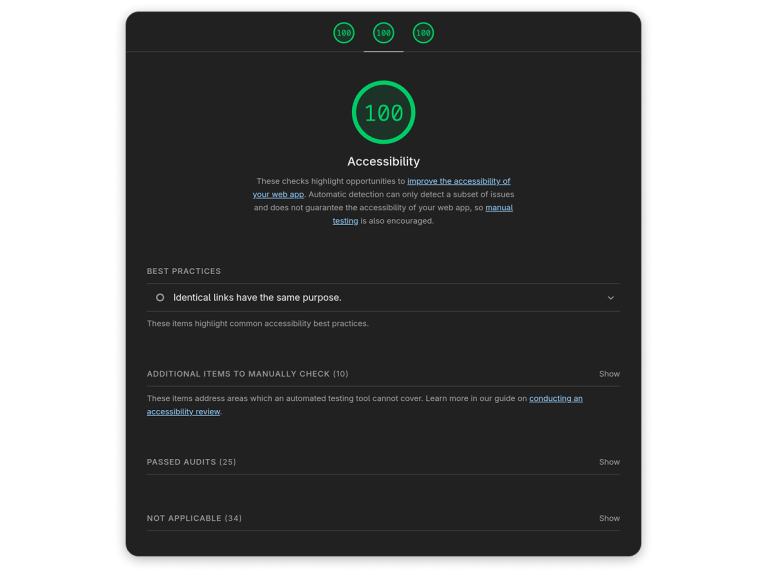 Accessibility-Report der Telefonseelsorge-Plattform mit perfektem Lighthouse-Accessibility-Score von 100.