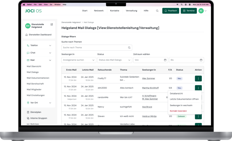 JOCI OS Dashboard auf Laptop mit Verwaltungsansicht für Mail-Dialoge, Kontaktmanagement und organisatorische Kommunikation innerhalb der Plattform.