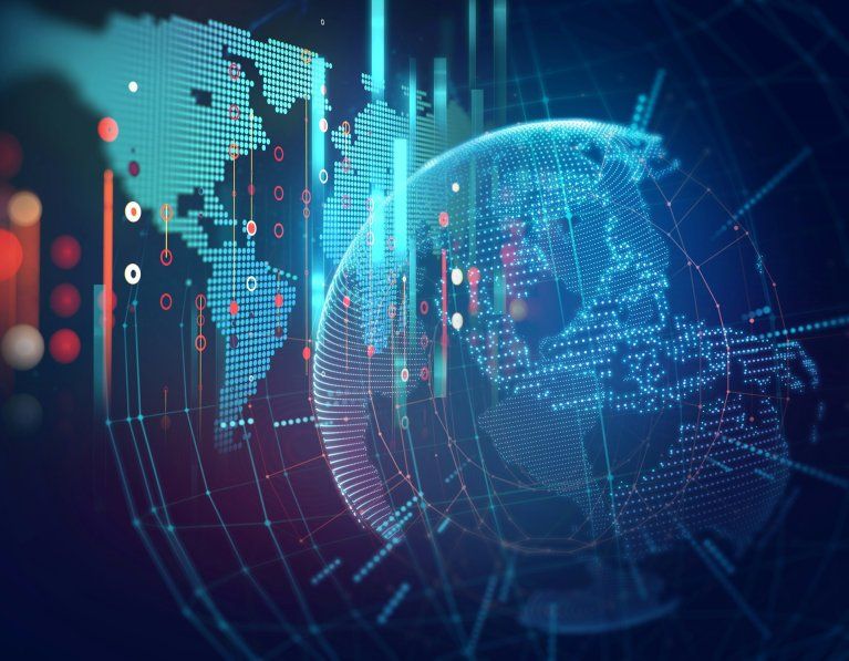 Digital world map with connected data points for a global pharma web platform across 40+ markets